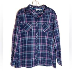 LL Bean Women's Light Purple Plaid Flannel Shirt Pockets Long Sleeve Cotton L